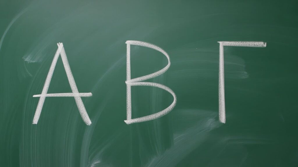 greek alphabet on chalkboard