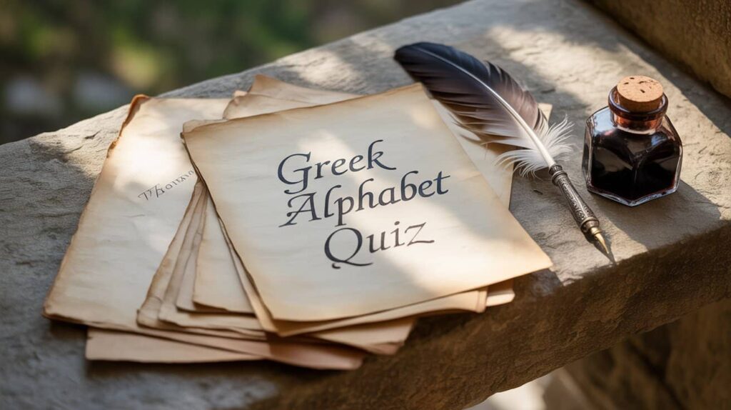 greek alphabet quiz paper and ink